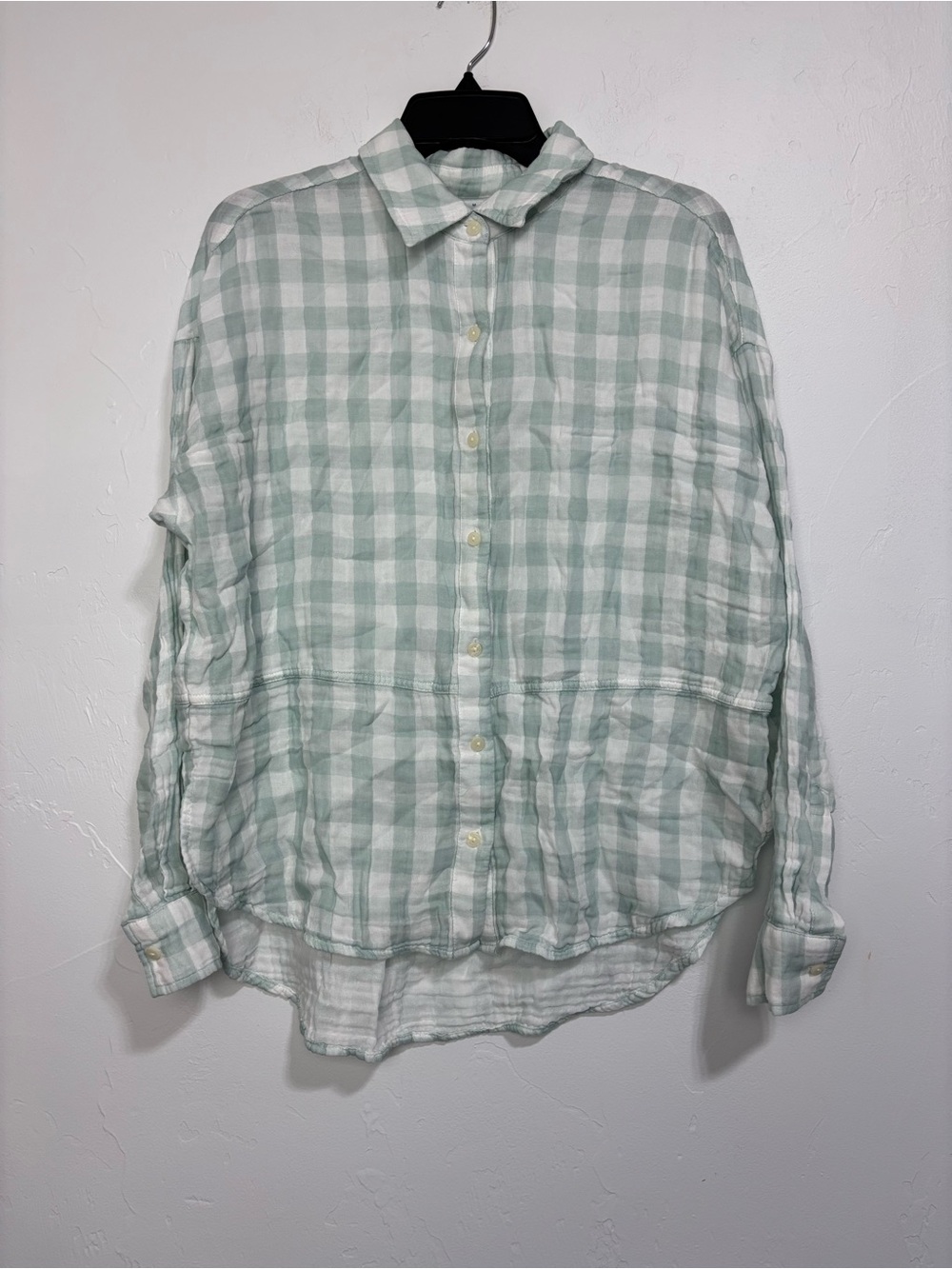 Lou & Grey Women's Medium Check Gingham Long Sleeve Button-Up Shirt Green White
